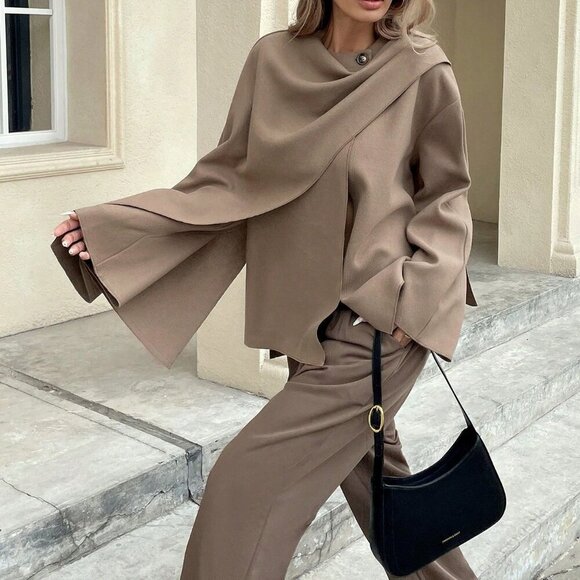 Khaki Casual Women's Solid Button Long Sleeve Jacket - Picture 5 of 6